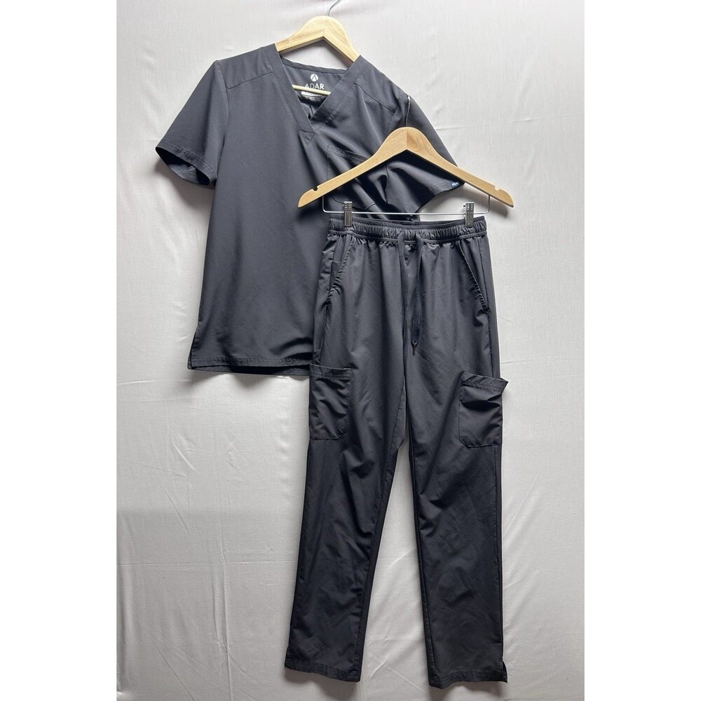 Adar Addition Women’s XS 2 Piece Grey Scrub Set Straight Leg Pants V Neck Top